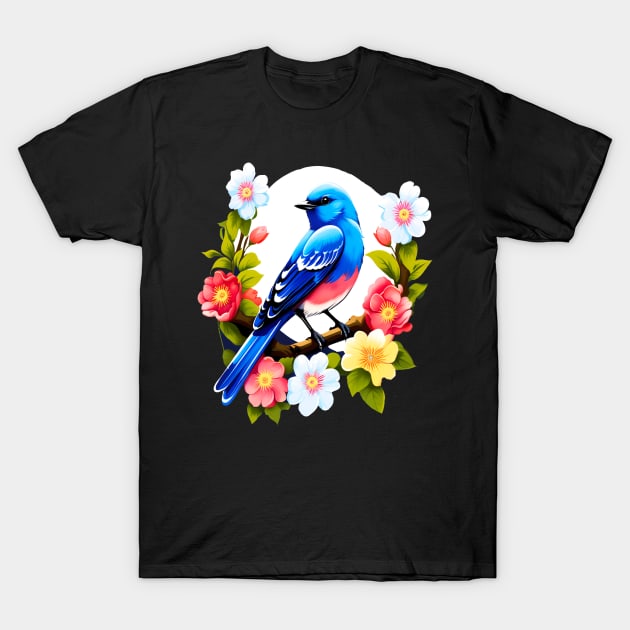 Cute Blue Bird Surrounded by Bold Vibrant Spring Flowers T-Shirt by BirdsnStuff